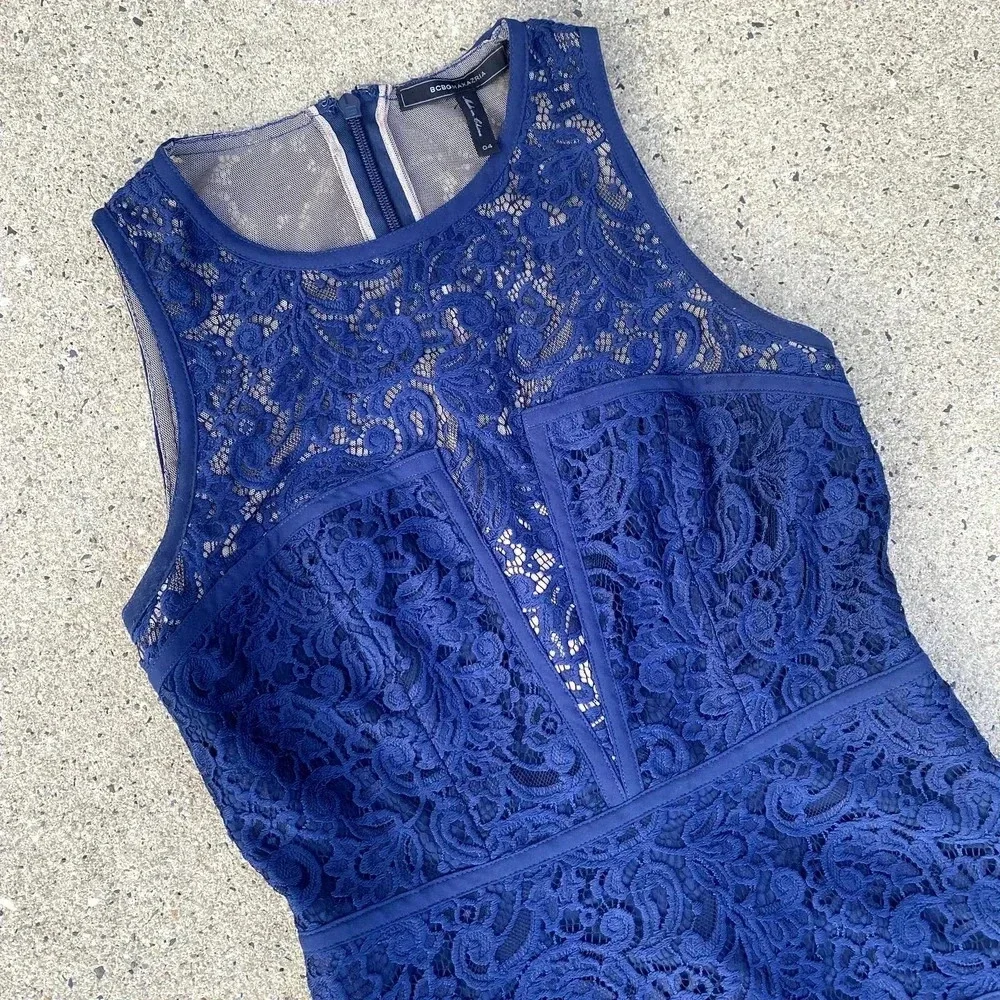 BCBGMAXAZRIA Hanah Navy Blue Lace Tiered Sleeveless Formal Cocktail Mini Dress